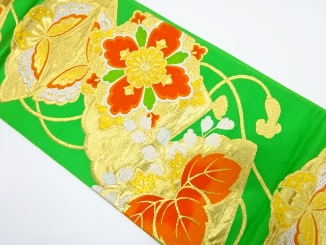 JAPANESE KIMONO / ANTIQUE FUKURO OBI / SILK / WOVEN FLORAL CREST & BUTTERFLY